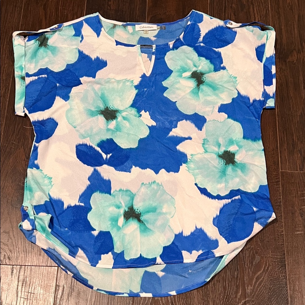 Calvin Klein Aqua and Blue Floral Blouse